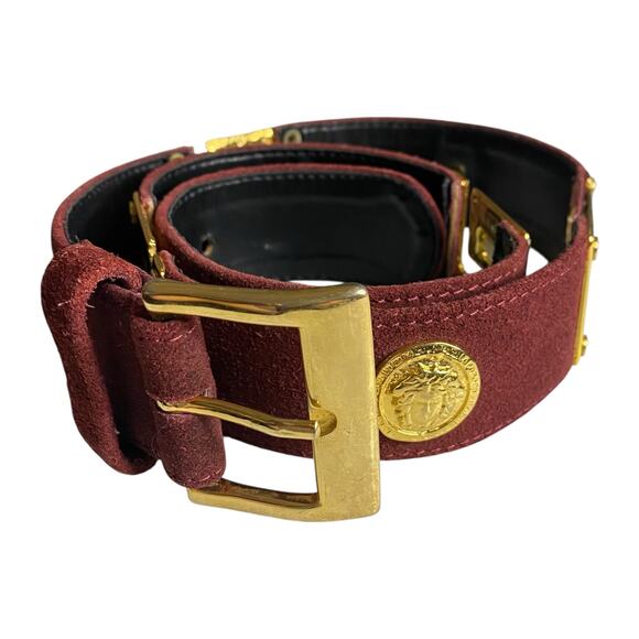 Vintage Greca Goddess Medusa Head Suede Burgundy Belt with Golden Hardware main image 11